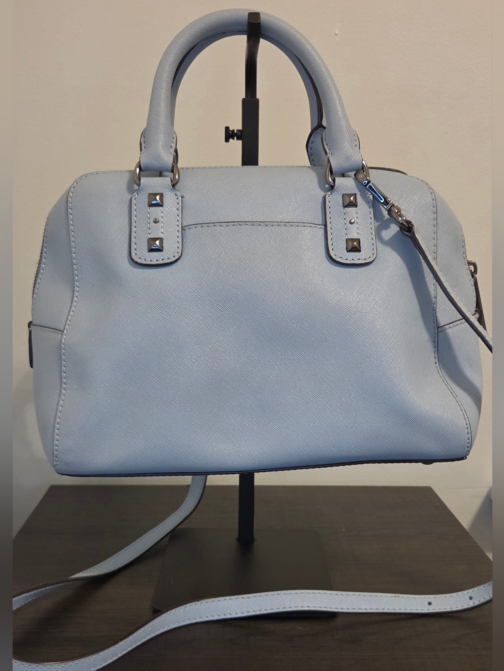 Michael Kors Studded Saffiano Leather Satchel Crossbody Light Blue Gunmetal - Picture 3 of 12